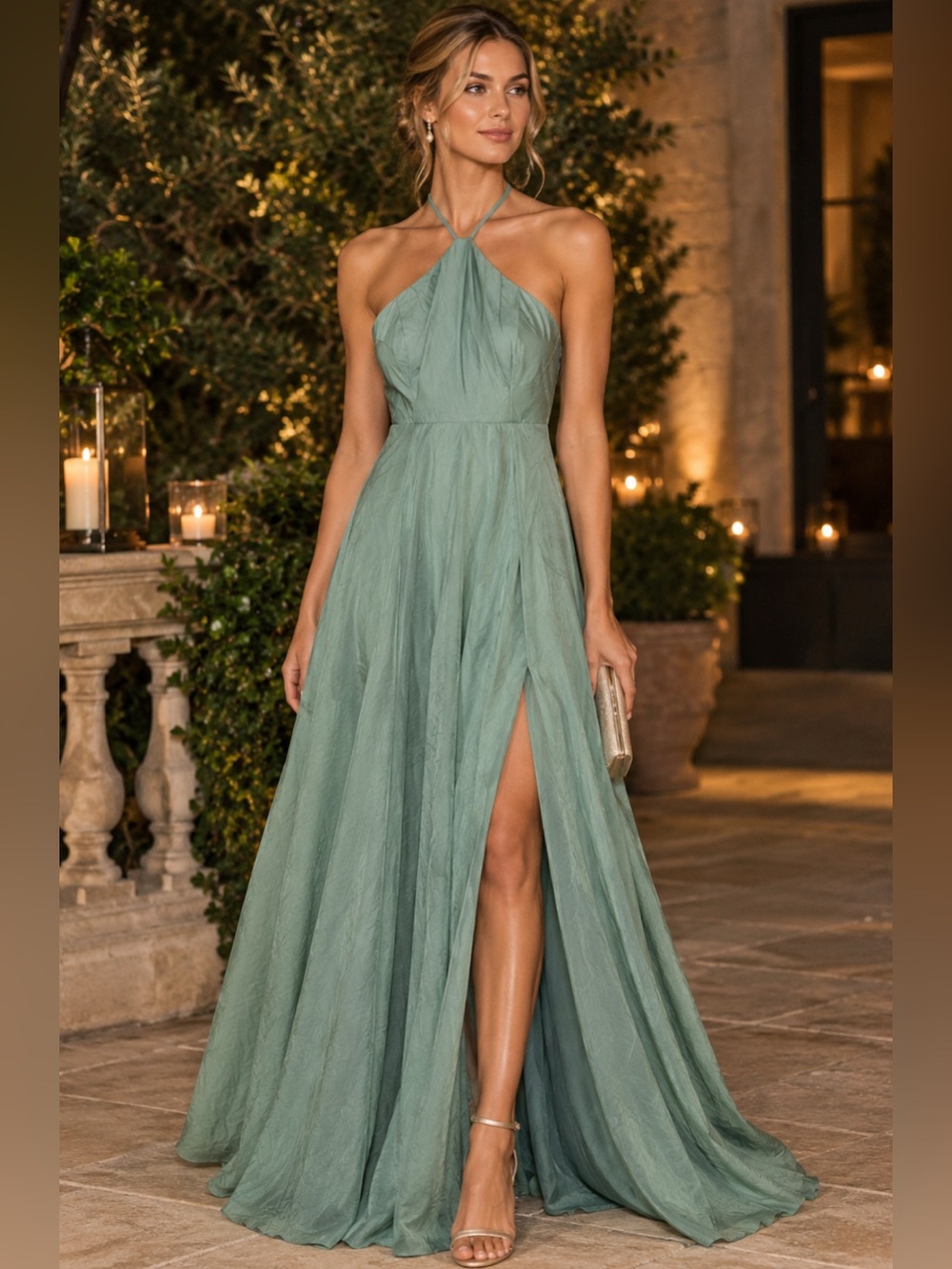 Lulu's Strappy Maxi Dress Size S Slit Front Sage Green formal Elegant Long